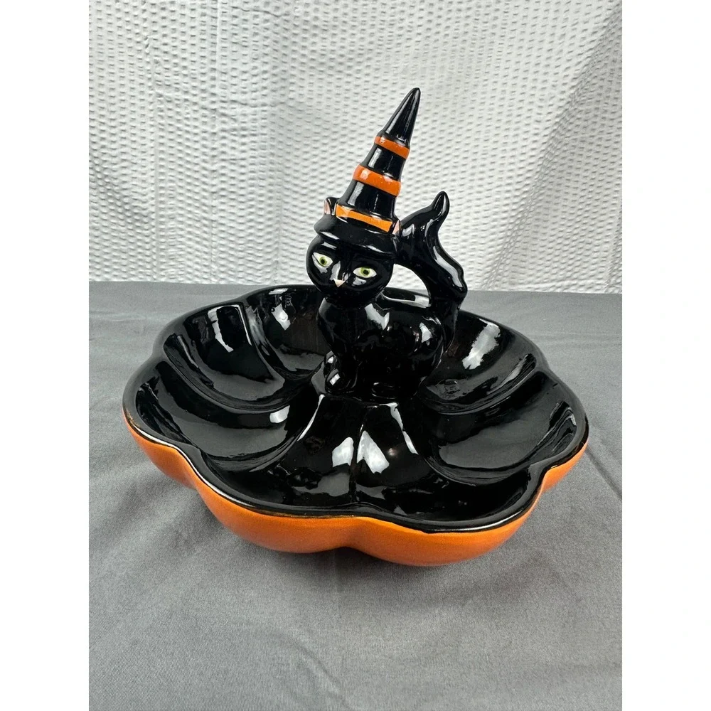 Halloween Black Cat Candy Dish Divided Tray Witch Hat Serving Bowl